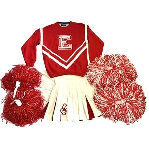 Vintage Cheerleader Uniform Skirt Sweater w/5 Pins TWO Sets Pom Red White VGUC